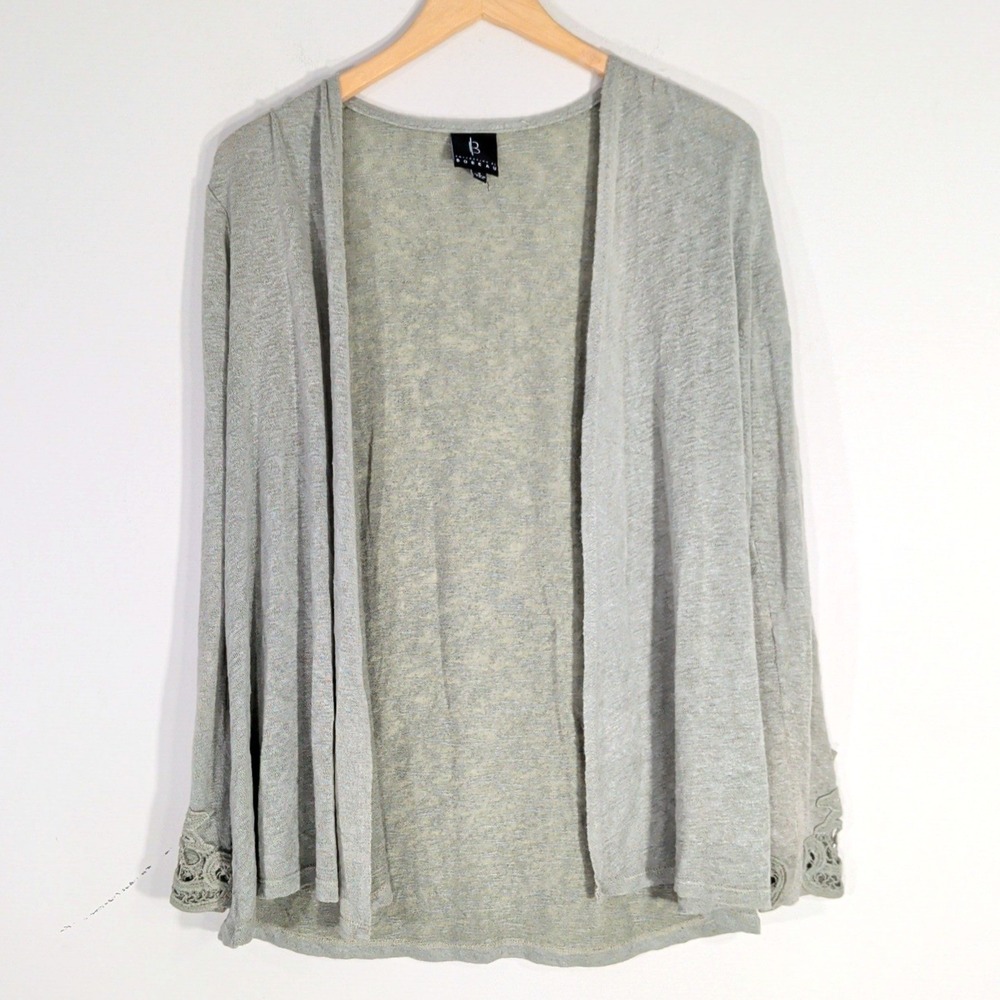 Bobeau Sage Green Cardigan; Crochet Lace Cuff Open Front Knit
